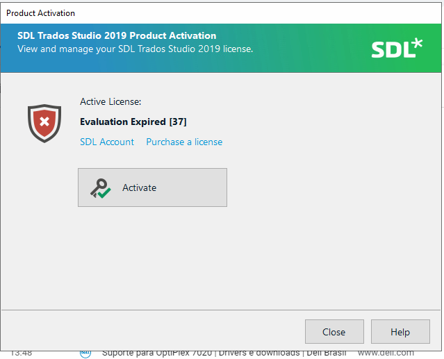 SDL Trados Studio 2019 Product Activation window showing an error message 'Evaluation Expired 37' with options to activate, create SDL account, or purchase a license.