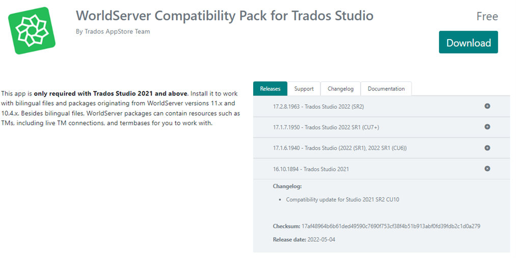 Screenshot of WorldServer Compatibility Pack for Trados Studio page on RWS AppStore showing it is free and only required for Trados Studio 2021 and above. A green download button is visible.