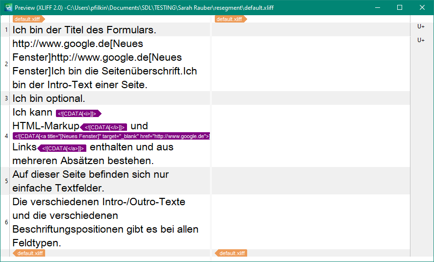 Screenshot of Trados Studio showing merged content into two translation units with highlighted HTML markup tags and links.