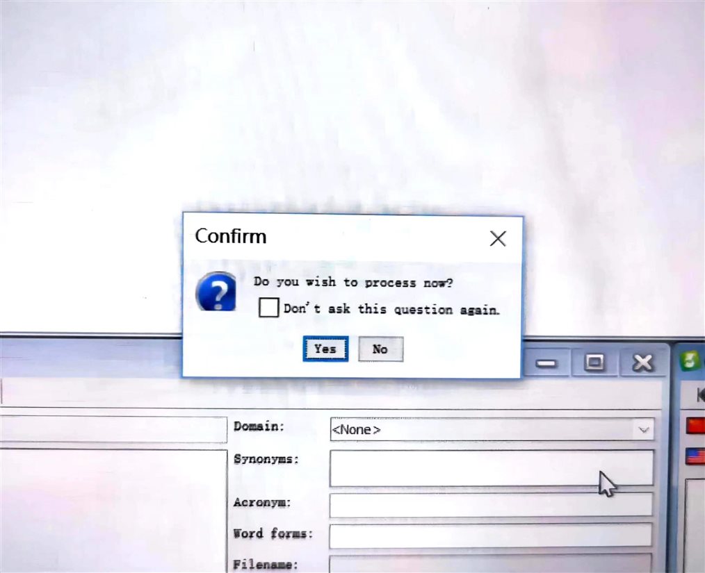 Close-up screenshot of a 'Confirm' dialog box in Trados Studio asking 'Do you wish to process now?' with options 'Yes' and 'No'.