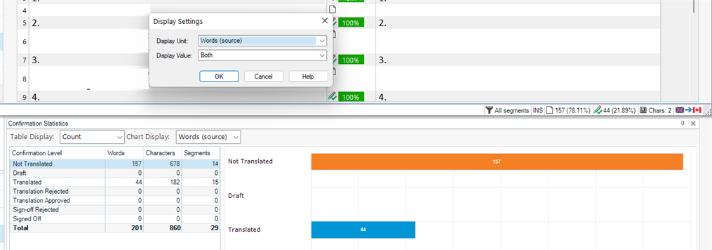 Trados Studio display settings window showing 'Words (source)' selected with 'Both' display value.