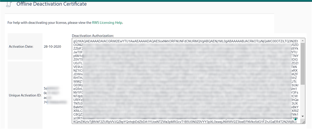 Offline Deactivation Certificate in Trados Studio with a long string of alphanumeric characters for deactivation authorization.