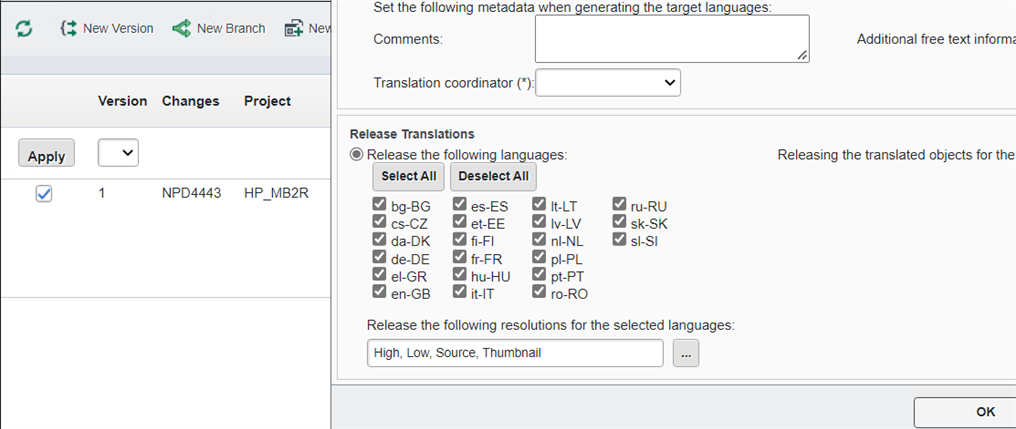 Tridion Docs web client interface showing the 'Release Translations' feature with options to select multiple languages for release and resolution settings.