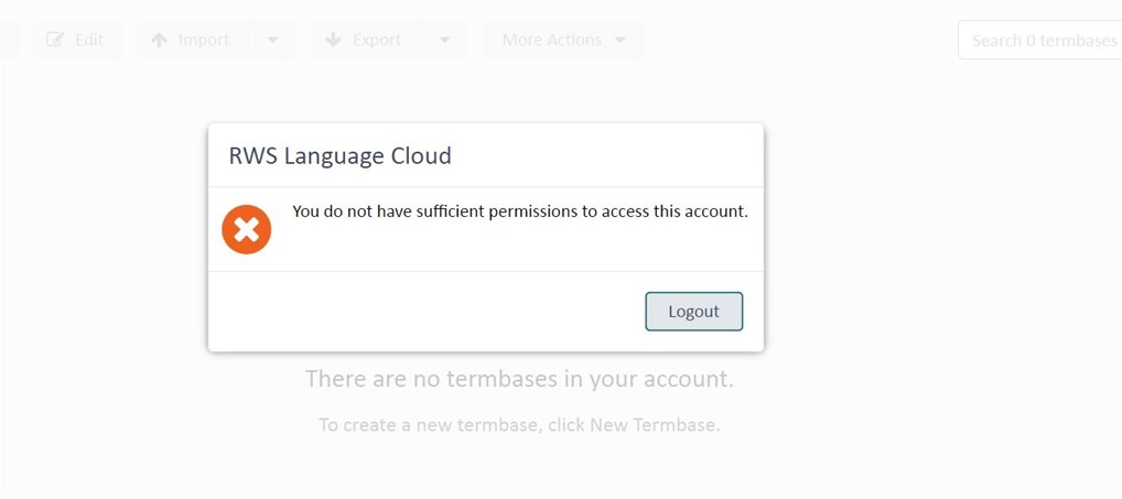 Error message on RWS Language Cloud interface stating 'You do not have sufficient permissions to access this account' with a red cross icon and a 'Logout' button.