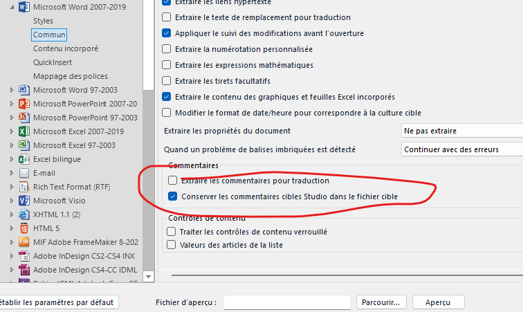 Screenshot of Trados Studio options showing 'Conserver les commentaires cibles Studio dans le fichier cible' option circled in red.