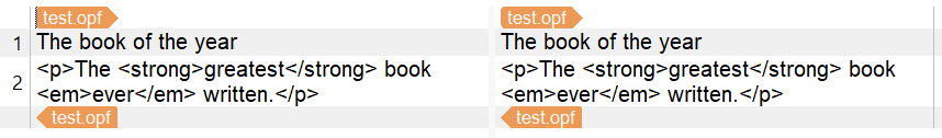 Screenshot of Trados Studio interface showing two columns with XML content. Left column highlights 'The book of the year' and escaped HTML tags in 'dc:description'. Right column is identical but without highlights.