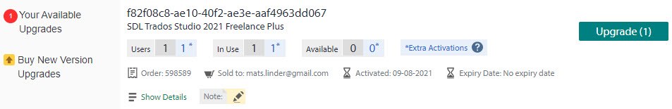Screenshot of Trados Studio 2021 Freelance Plus upgrade option with 1 user license available, showing order details and activation date.