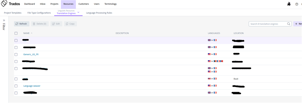 Screenshot of Trados Studio interface showing the 'Translation Engines' tab under 'Resources'. The table lists translation engines with columns for name, description, languages, and location.