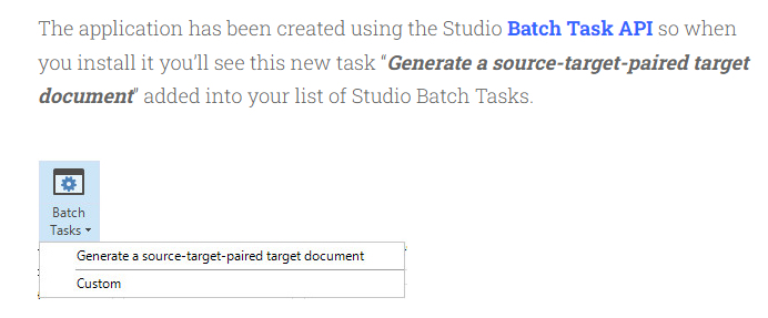 Screenshot showing the Trados Studio Batch Task API with a new task 'Generate a source-target-paired target document' added to the list of Studio Batch Tasks.