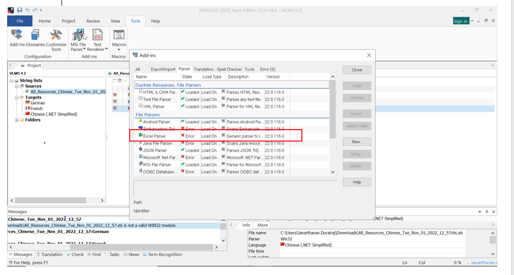 Trados Studio screenshot showing the Add-ins tab with an error message next to Excel Parser indicating 'Error Load On Demand is not a valid WIN32 application.'