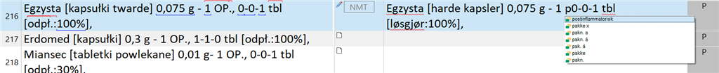 Screenshot of Trados Studio interface showing a segment with text 'Egzysta kapsulki twarde 0,075 g - 1 OP, 0-0-1 tbl odp.:100%,' and an Autosuggest drop-down list with options 'pak.a, pak.b, pak.c, pak.d, pak.e.'