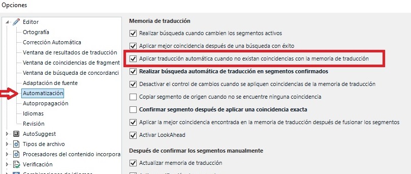 Screenshot of Trados Studio options menu highlighting 'Apply automatic translation when no matches exist in the translation memory'.