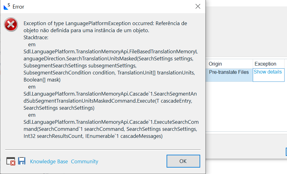 Error dialog box in Trados Studio with a red cross icon indicating an exception of type LanguagePlatformException. It includes a stack trace with file paths and method names, and buttons for Knowledge Base and Community.