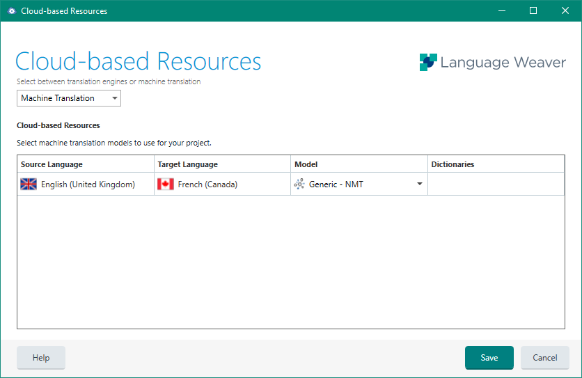 Trados Studio 'Cloud-based Resources' window with 'Machine Translation' selected and a model for English (United Kingdom) to French (Canada) using 'Generic - NMT'.