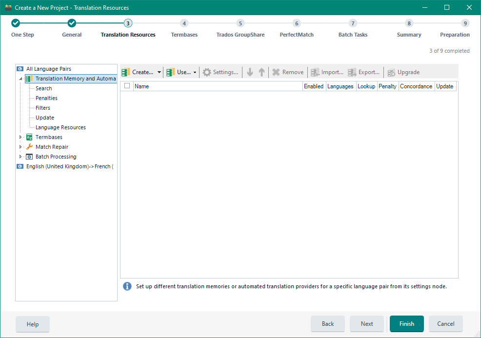 Trados Studio 'Create a New Project - Translation Resources' window showing options for Translation Memory and Automated Translation with 'Cloud-based resources' unchecked.