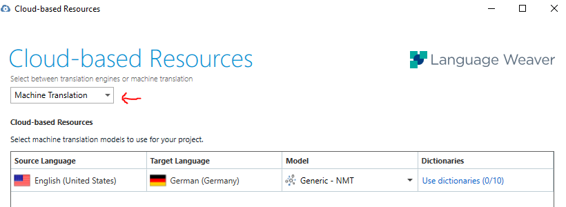 Trados Studio Cloud-based Resources window with Machine Translation selected, showing source language English (United States) and target language German (Germany) with a Generic - NMT model.