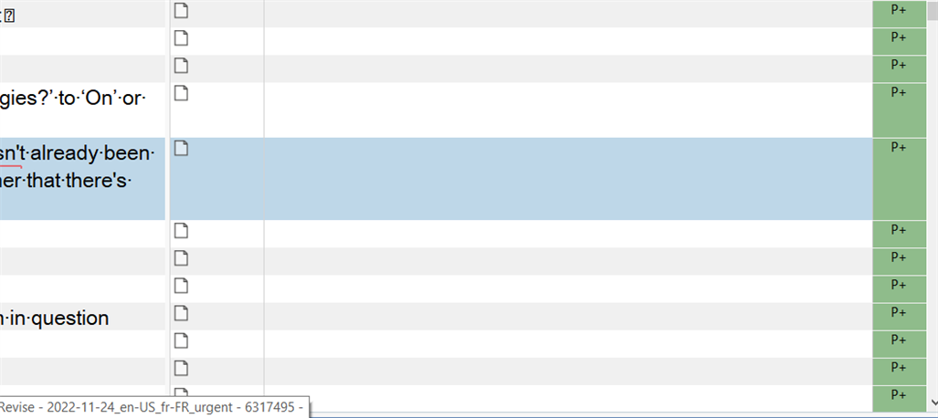 Screenshot of Trados Studio interface showing a selected segment with an empty target field, indicating the issue of missing translations in a revision job.
