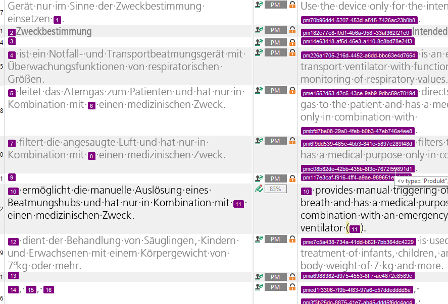 Screenshot of Trados Studio showing a list of numbered error messages in German, with corresponding English translations on the right side.