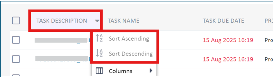 Screenshot of the Trados Team interface showing the Task Description column with a dropdown menu. Options include Sort Ascending and Sort Descending highlighted in red.