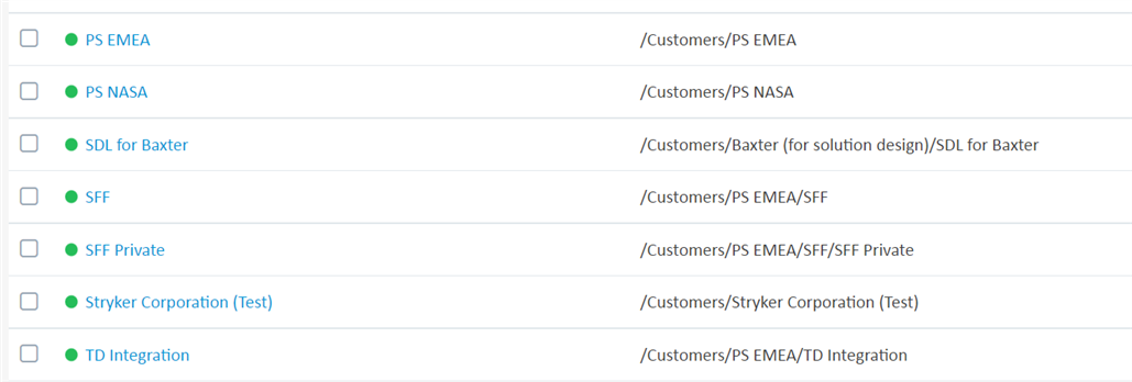 Screenshot of Trados Enterprise customer location structure showing a list with entries such as PS EMEA, PS NASA, SDL for Baxter, SFF, SFF Private, Stryker Corporation (Test), and TD Integration with their respective paths.