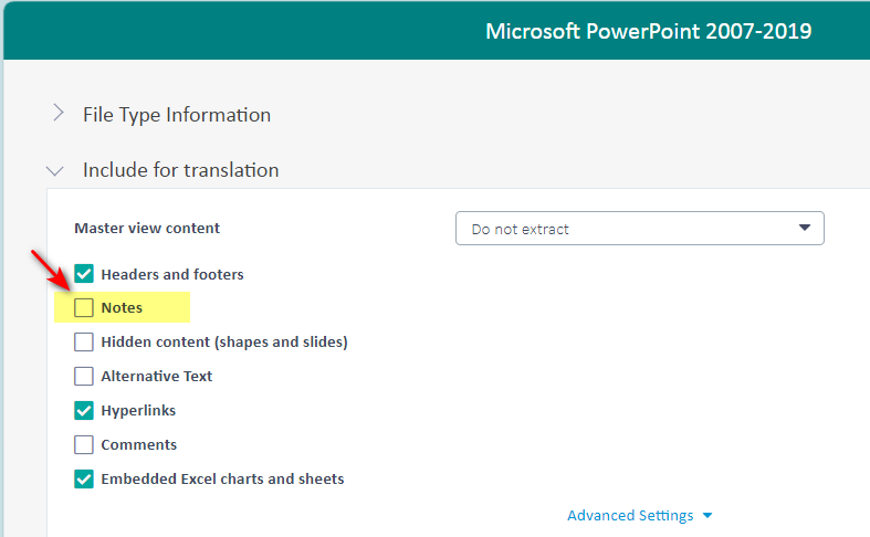 Screenshot of Trados Studio's File Type Information for Microsoft PowerPoint 2007-2019 with an unchecked 'Notes' option under 'Include for translation'.