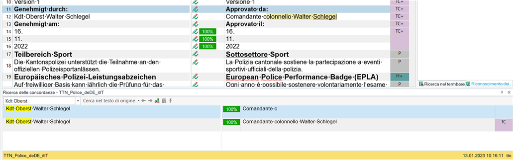 Screenshot of Trados Studio software showing a bilingual file comparison with segment 12 highlighted, indicating a comment truncation issue in the yellow section.