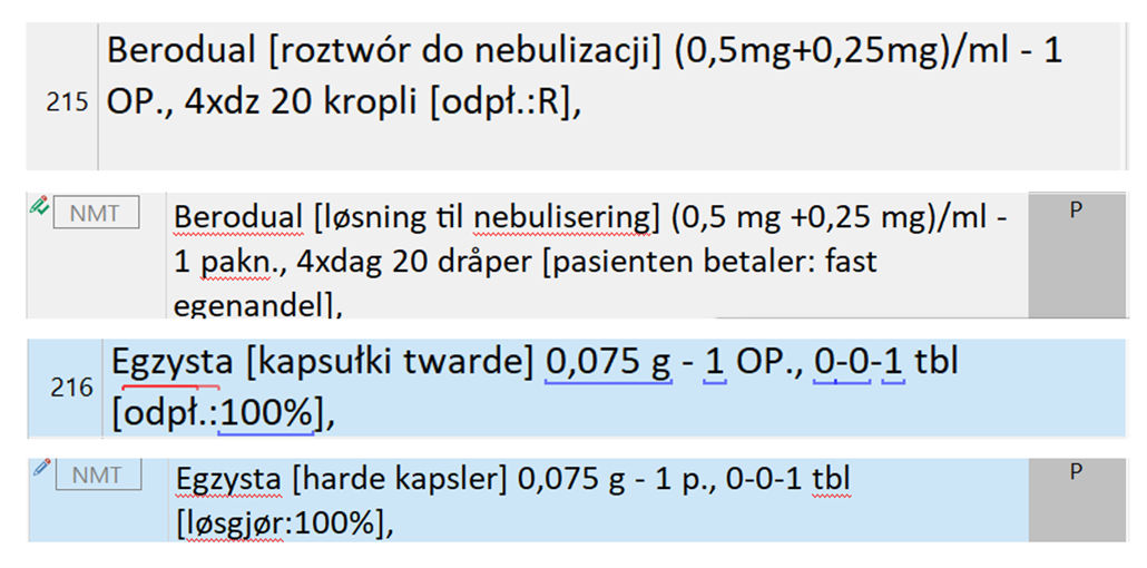 Screenshot of Trados Studio showing side-by-side comparison of source and target text segments with NMT suggestions.