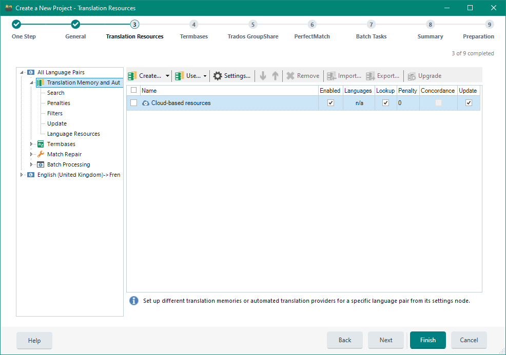 Trados Studio 'Create a New Project - Translation Resources' window with 'Cloud-based resources' now checked, indicating the selection of a machine translation engine.