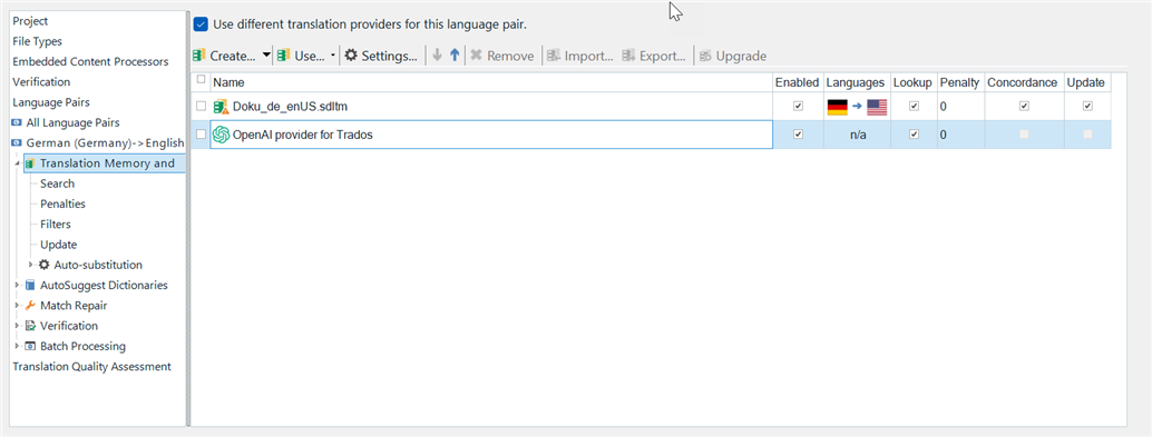 Screenshot of Trados Studio showing the Translation Memory and Search settings with 'OpenAI provider for Trados' selected.