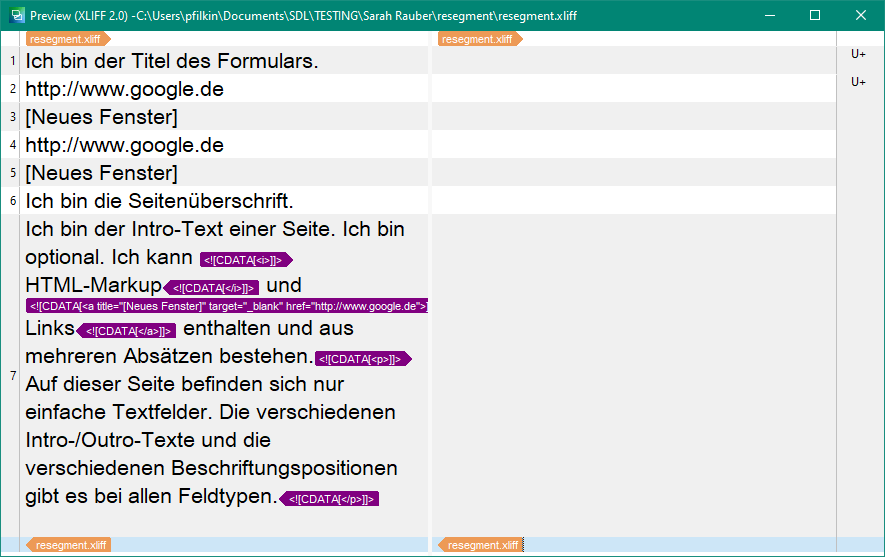Screenshot of Trados Studio displaying content segmented into multiple translation units with 'canResegment' attribute set to 'no'.