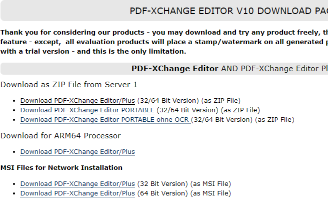 Close-up view of PDF-XChange Editor download options highlighting the availability of a trial version with a watermark limitation.