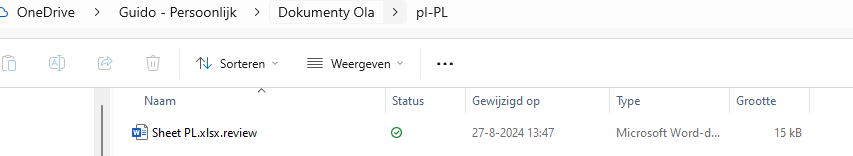 OneDrive file directory showing a file named 'Sheet PL.xlsx.review' with a status checkmark, last modified on 27-8-2024 at 13:47, type 'Microsoft Word-document', size 15 KB.