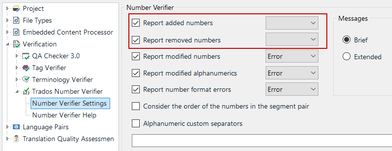 Trados Studio Number Verifier settings showing options for reporting added and removed numbers, with dropdown menus highlighted in red.