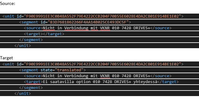 Screenshot of code editor showing source XLIFF file with segment id present and target XLIFF file missing the segment id.