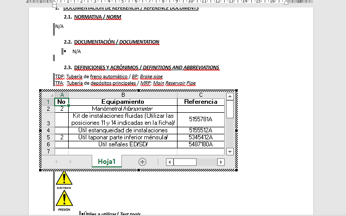 Screenshot of a Word document with an embedded Excel table showing columns for 'No', 'Equipamiento', and 'Referencia' with a warning icon indicating attention needed.