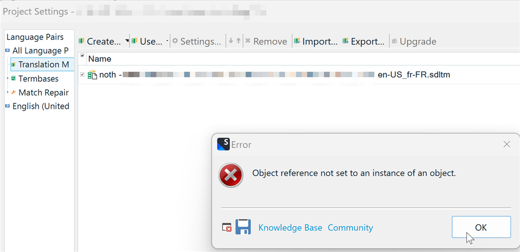 Trados Studio error message 'Object reference not set to an instance of an object' displayed over the Project Settings window.