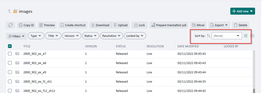 Screenshot of a digital asset management interface with a folder named 'images' selected, showing a list of image files with the 'Sort by' dropdown menu set to '(None)'. A red box highlights the 'Sort by' dropdown menu.