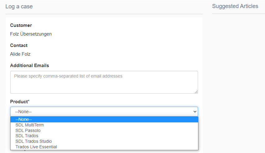 Screenshot of the 'Log a case' form showing fields for Customer 'Folz Ubersetzungen', Contact 'Alide Folz', and a dropdown menu for Product selection with 'SDL Trados Studio' highlighted.