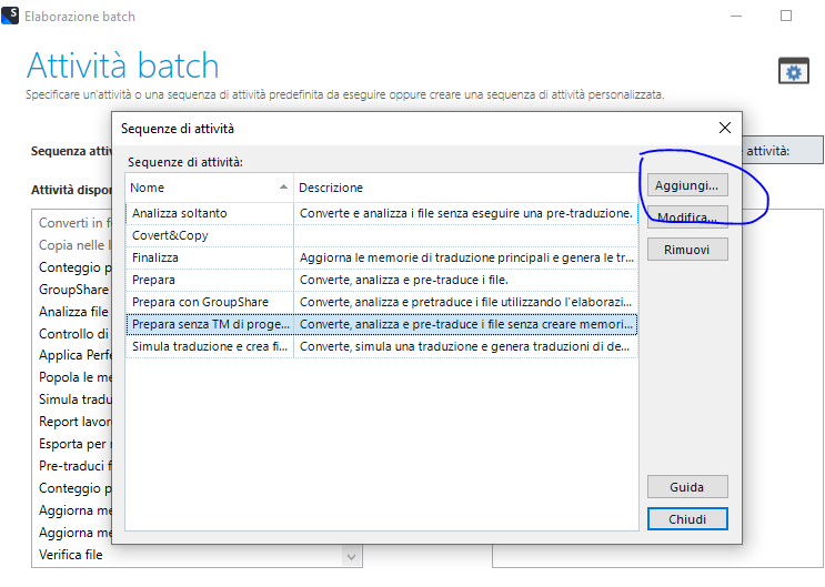 Trados Studio batch activities window with a focus on the 'Add' button for creating a new custom task.