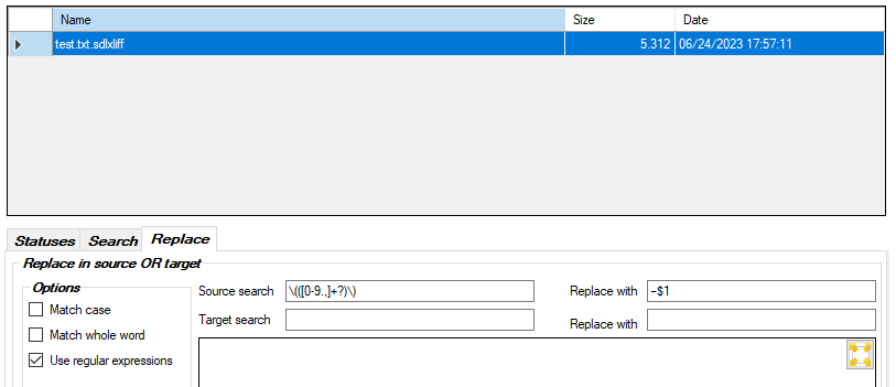 Screenshot showing a selected test.sdlxliff file in Trados Studio's SDLXLIFF Toolkit with source search and replace fields filled with regex patterns.