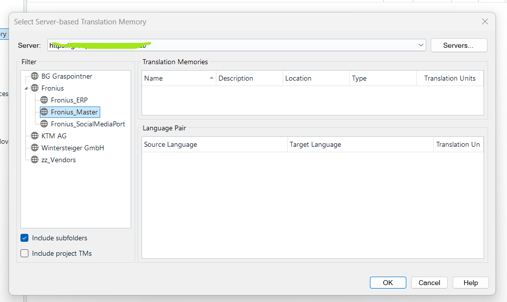 Trados Studio dialog box showing server-based Translation Memory selection with 'Fronius' folder expanded revealing 'Fronius_ERP', 'Fronius_Master', and 'Fronius_SocialMediaPort'. 'Fronius_Master' is not selectable.
