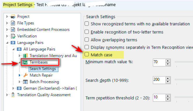 Screenshot of MultiTerm software showing Project Settings with a red arrow pointing to 'Termbases' in the left-hand panel. Other options like 'File Types', 'Verification', and 'Language Pairs' are visible.