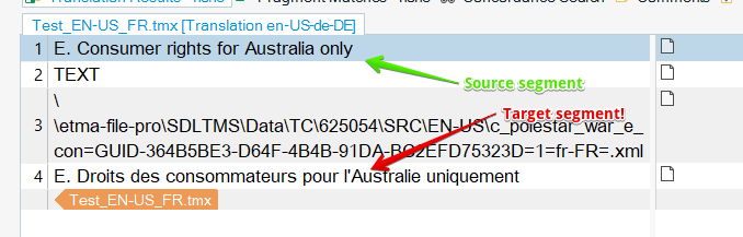 Trados Studio translation segment window with a green arrow pointing to the source segment 'E. Consumer rights for Australia only' and a red arrow pointing to the target segment in French.
