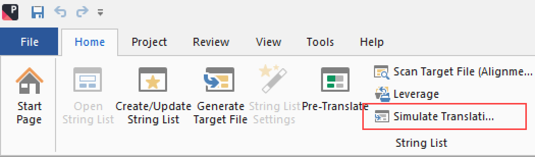 Screenshot of a software interface with the Home ribbon active. It shows icons such as Start Page, Open String List, and Simulate Translation, which is highlighted with a red box.