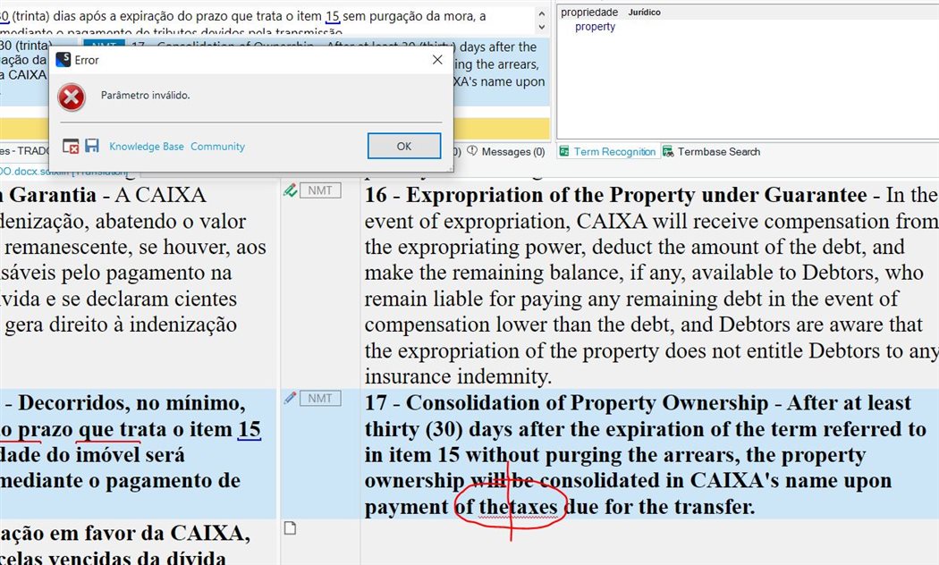Trados Studio error dialog box displaying 'INVALID PARAMETER' with the word 'the' circled in red, indicating insertion issue.