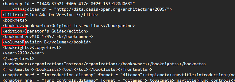 Screenshot of XML code with highlighted sections for title, edition, and volume in a DITA map file.