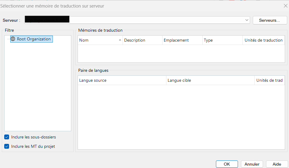 Server selection window displaying 'Root Organization' in the filter section and an empty list for translation memories and language pairs. Options to include subfolders are checked.