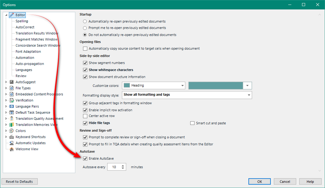 Trados Studio Options menu with AutoSave feature enabled, set to save every 10 minutes.