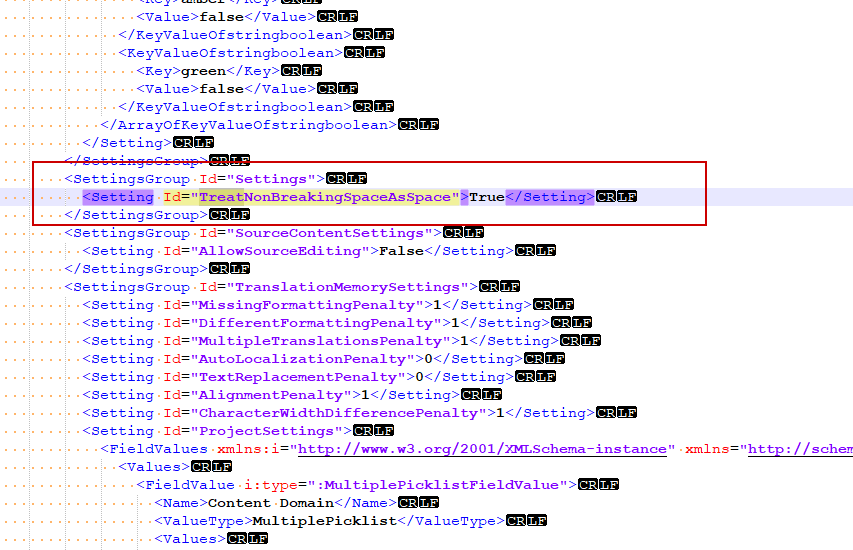 Screenshot of an XML code snippet from an SDLPROJ file with a red box highlighting the 'TreatNonBreakingSpaceAsSpace' setting set to 'True'.