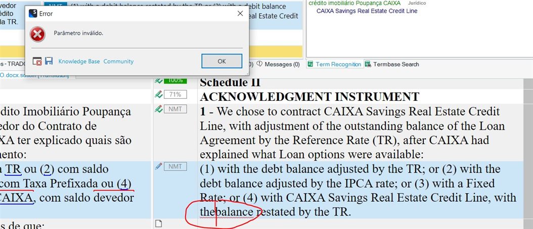 Pop-up error 'INVALID PARAMETER' in Trados Studio editor window with the cursor disappeared after text insertion.